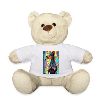 Dobermann vor buntem Hintergrund, Pop-Art modern - Teddy - Weiß - Vorne