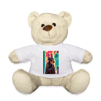 Bossy Doberman in fur coat in front of graffiti - Teddy Bear - white - Front