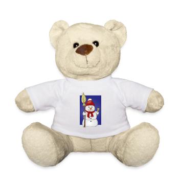 Bonhomme de neige joyeux avec chapeau rouge, écharpe et balai - Nounours - blanc - Devant