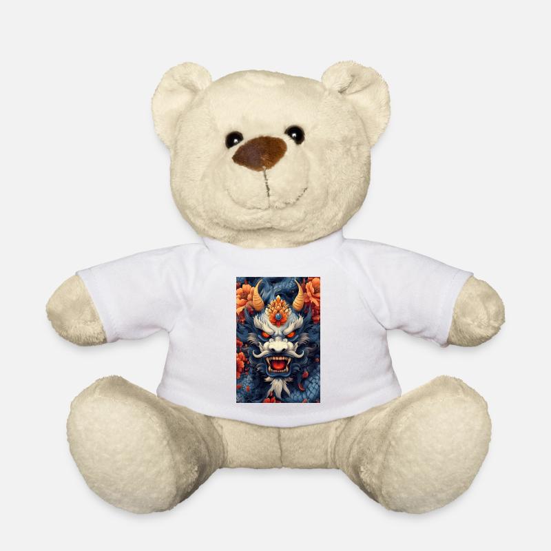 Blue Dragon Head with Fire Flowers - Teddy Bear - white