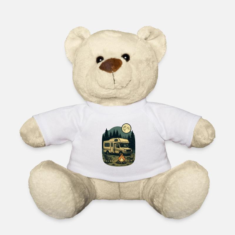 Night in the forest with camper and campfire - Teddy Bear - white