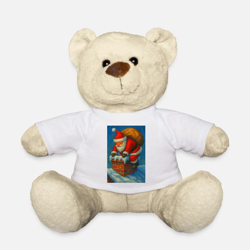 Santa Claus Climbs Chimney in Snow - Teddy Bear - white