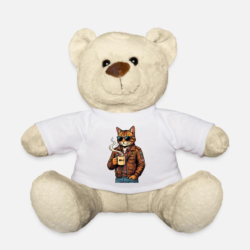 Cat biker with coffee - Teddy Bear - white