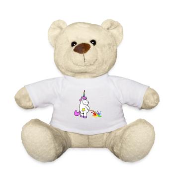 Freches Cartoon Einhorn pinkelt stehend Regenbogen - Teddy - Weiß - Vorne