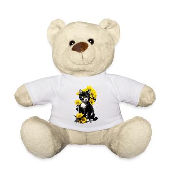 Chaton assis avec des fleurs jaunes - Nounours - blanc - Devant