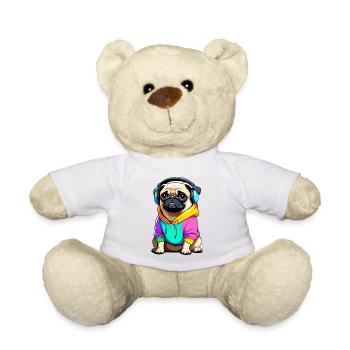 Pug mit Kopfhörer und Kleidung - Teddy - Weiß - Vorne