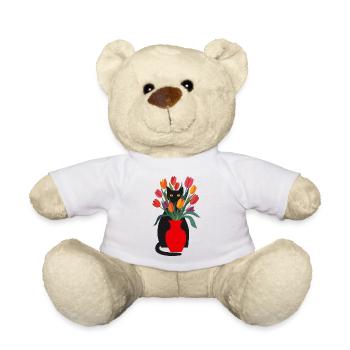 Chat noir et tulipes - Nounours - blanc - Devant