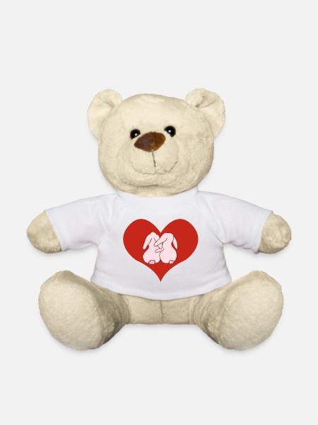 Lapins roses amoureux sur un cœur rouge - Nounours - blanc