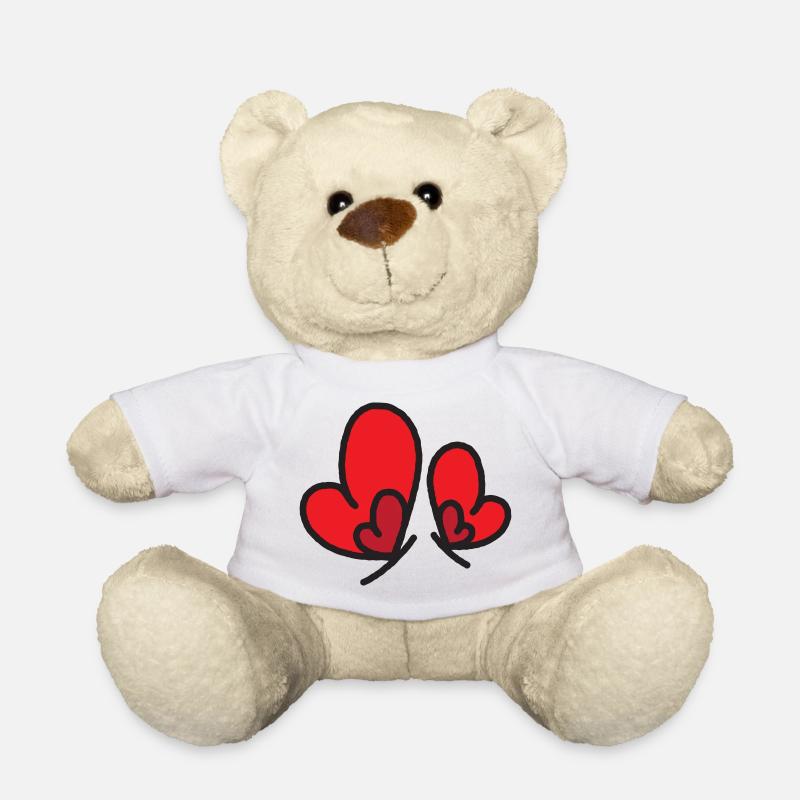 Two Red Hearts Outline - Teddy Bear - white