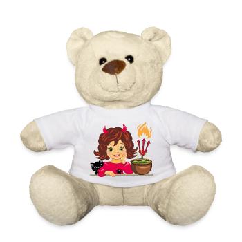 Jolie fille souriante en costume de diable d’Halloween - Nounours - blanc - Devant