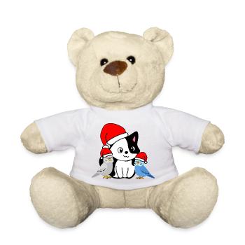 Weihnachten - Festliche Tierfreunde - Katze & Wellensittiche - Teddy - Weiß - Vorne