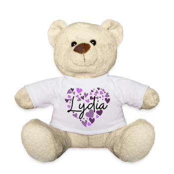 Lydia Namensdesign mit herzförmigen lila Herzen - Teddy - Weiß - Vorne