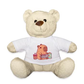 Cute Capybara Playing Video Games With Boba Tea - Teddy Bear - white - Front
