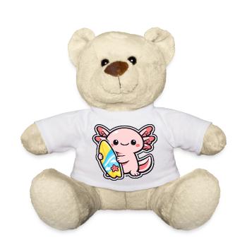 Kawaii Axolotl with Surfboard - Teddy Bear - white - Front