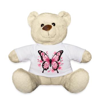 Pink butterfly in front of cherry blossoms - Teddy Bear - white - Front