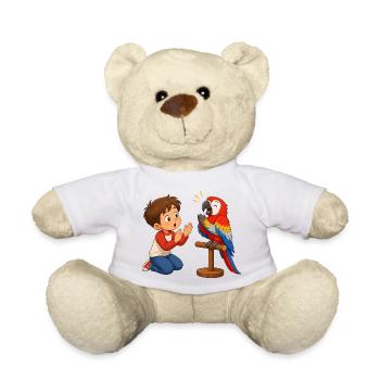 Bunter Papagei klatscht mit staunendem Jungen - Teddy - Weiß - Vorne