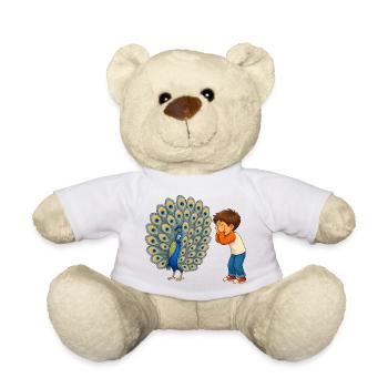 Junge staunt über prächtigen Pfau mit Federpracht - Teddy - Weiß - Vorne