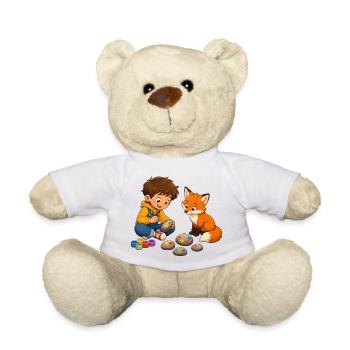 Junge bemalt bunte Steine mit neugierigem Fuchs - Teddy - Weiß - Vorne