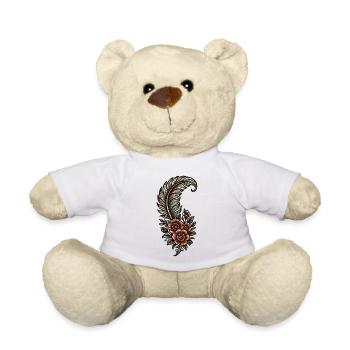 Vintage Feather and Floral Embroidery - Teddy Bear - white - Front