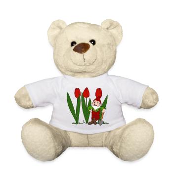 Garden gnome, tulips, spring, garden - Teddy Bear - white - Front