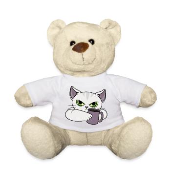 Cat with cup / bad mood / morning grouch - Teddy Bear - white - Front
