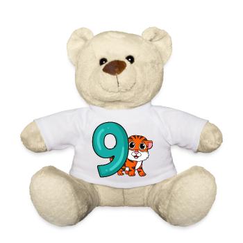 9th Birthday Motif Tiger - Nine Years - Teddy Bear - white - Front