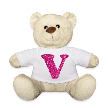 Buchstabe V Rosa Glitzer - Teddy - Weiß - Vorne