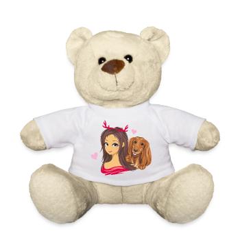 Cute girl in red horns with her friend the dog - Teddy Bear - white - Front