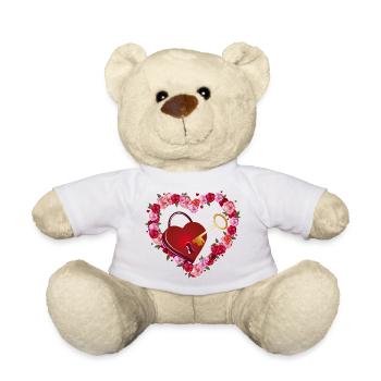 Rose heart with love lock and golden key - Teddy Bear - white - Front