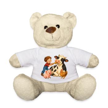 Junge bürstet Kuh auf dem fröhlichen Bauernhof - Teddy - Weiß - Vorne