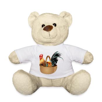 Ein prächtiger bunter Hahn sitz in einem Korb - Teddy - Weiß - Vorne