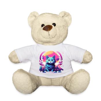 Mond Katze T-Shirt Neon Vaporwave Süß - Teddy - Weiß - Vorne
