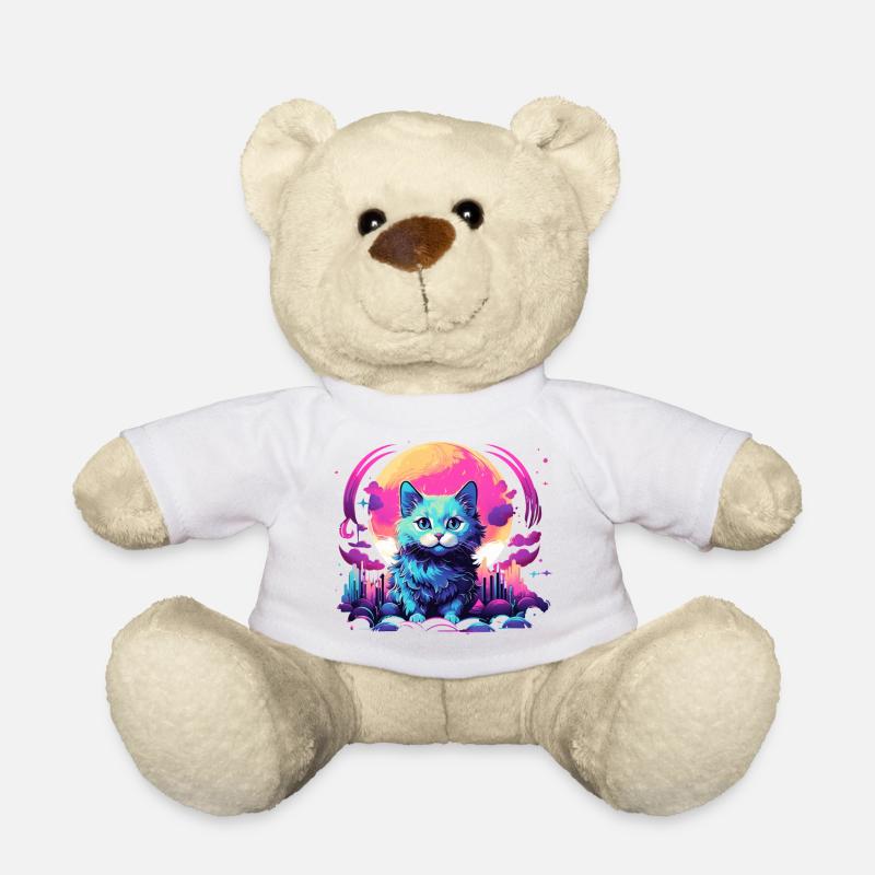 Mond Katze T-Shirt Neon Vaporwave Süß - Teddy - Weiß