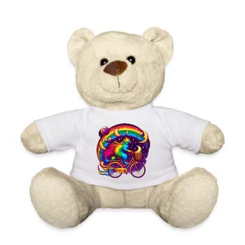 Katze auf einem Fahrrad in Regenbogenfarben - Teddy - Weiß - Vorne