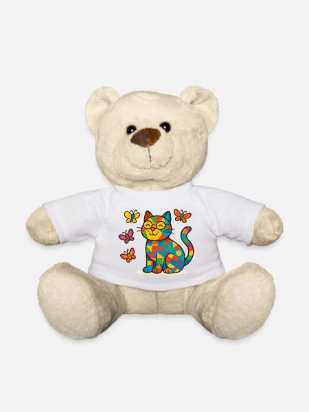 Patchwork Cat and Butterflies - Teddy Bear - white