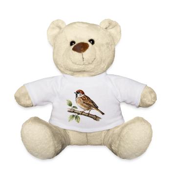 Sparrow finch, bird on botanical twig - Teddy Bear - white - Front