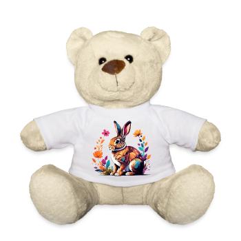 Bunter Hase mit Blütenrahmen Frühlings Motiv - Teddy - Weiß - Vorne