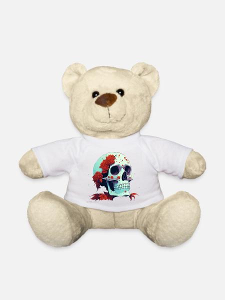 Schädel mit roten Blumen - Teddy - Weiß