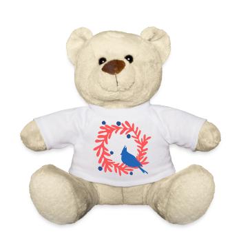 Weihnachtsbild, blauer Vogel auf rotem Kranz - Teddy - Weiß - Vorne
