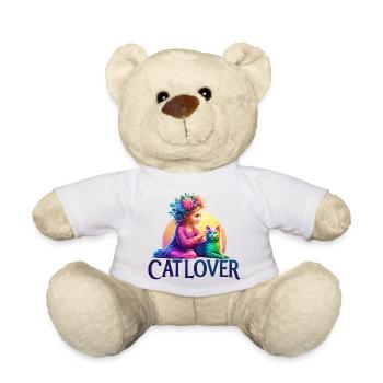 Skurriles Mädchen und Regenbogenkatze Illustration - Teddy - Weiß - Vorne