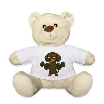 Dackel mit Hantel Fitnesstraining Bizeps Workout - Teddy - Weiß - Vorne