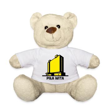 Saw heißt Sie herzlich willkommen. Die Stadt Piła und das Gebäude des Hotels Gromada - Teddy - Weiß - Vorne