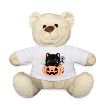 Chaton noir dans citrouille Halloween kawaii - Nounours - blanc - Devant