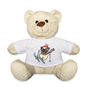 Lustiger Mops Beim Skifahren Mit Schal Und Muetze - Teddy - Weiß - Vorne