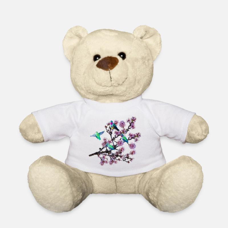 Hummingbird in different perspectives, almond blossoms - Teddy Bear - white