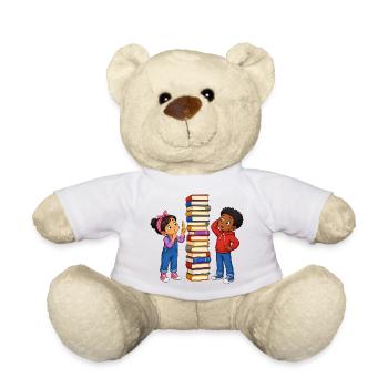 Kinder Bücherstapel Messen Lustiges Lernmotiv - Teddy - Weiß - Vorne