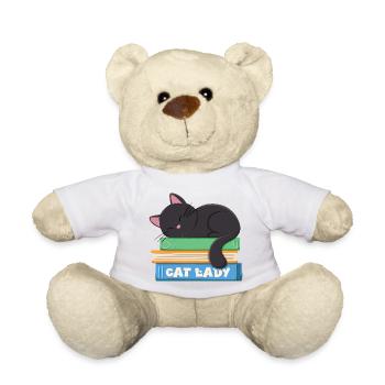 Cat lady sleeping black cat on books - Teddy Bear - white - Front
