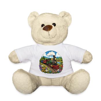 Steam locomotive in a colourful sea of flowers - Teddy Bear - white - Front