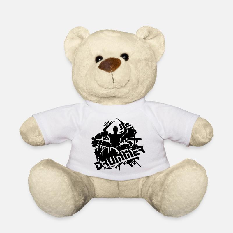 Schlagzeuger sitzt am Schlagzeug mit Typografie - Teddy - Weiß