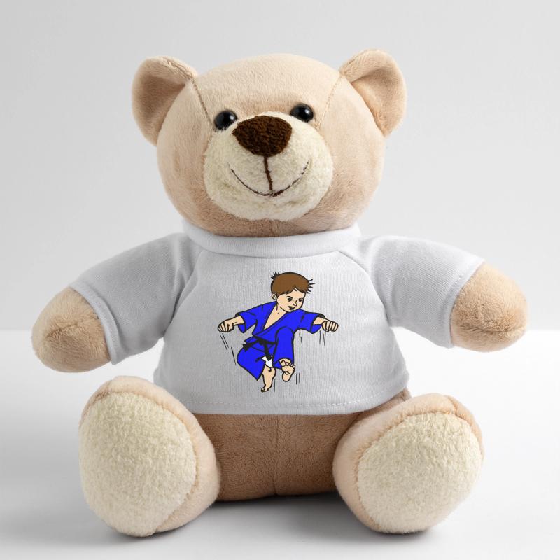 Blauer Anzug Karatekind oder Judokind mit schwarzem Gürtel Teddy
